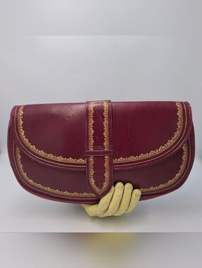 Vintage Must de Cartier Burgundy Leather Clutch Gold Floral Trim Flap Authentic!